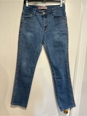 COS Jeans Y2K Gold embroidered‎ Rhinestones embellished Sz:8 medium wash jeans